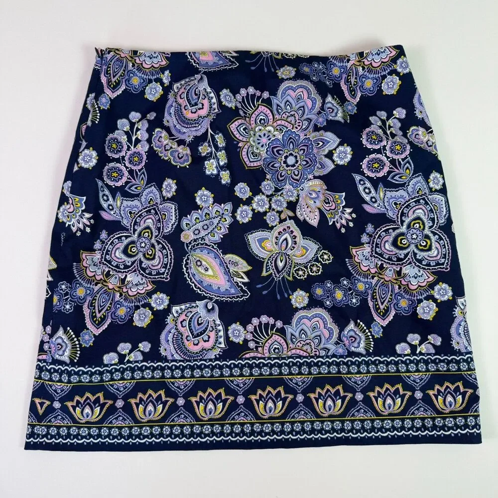 Talbots Paisley Canvas A-Line Skirt Navy Women's 10 Business Casual Coastal Boho - Picture 3 of 12
